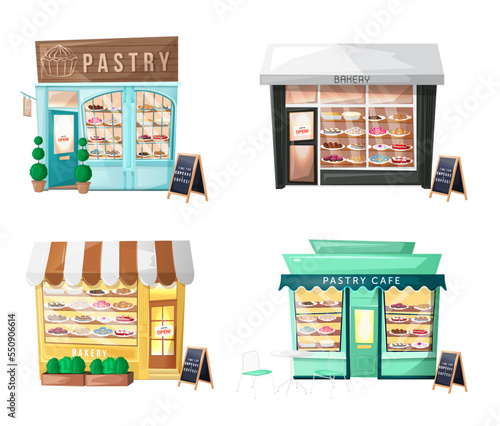 Set of pastry cafe facade. Exterior of bakery shop. Pack of store with sweets in cartoon style. Isolated on white background. Icon. For business. Architecture. Front side. Open door. Vector collection
