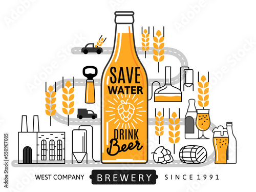 Beer bottle linear icons brewing. Hop wheat line.