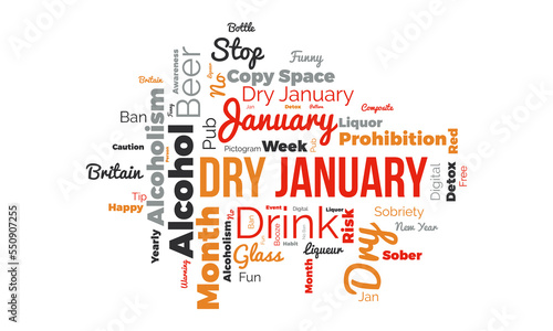 Dry January word cloud background. Drinking or Health awareness Vector illustration design concept.