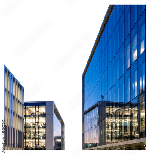 Blue hour view to a modern office buildings isolated in transparent sky	
