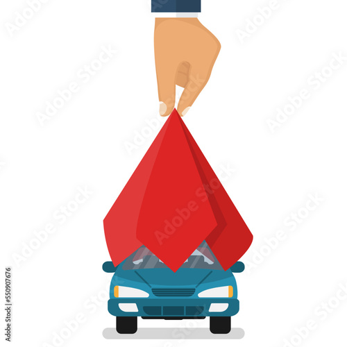 Presentation car. Auto covered red silk. Man hand take off cloth with vehicle. Vector illustration flat design. Isolated on white background. Showing surprise car. Exhibition new model.