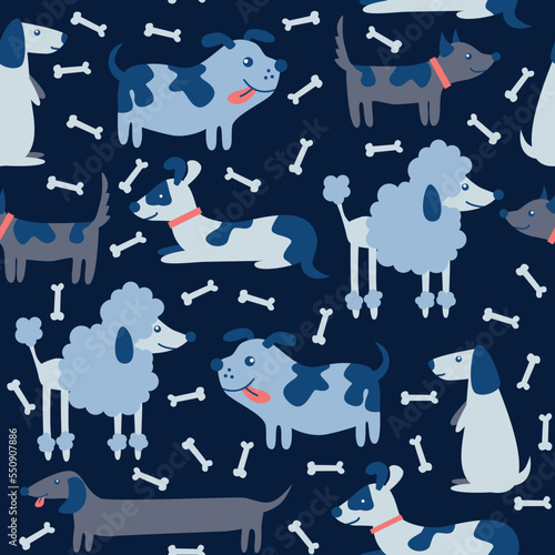Repeating pattern with cute cartoon style dogs.