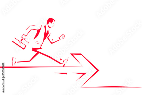 Businessman silhouette with a briefcase runs along the direction line. Direction concept. Abstract arrow pictogram minimal design line. Vector illustration flat design. Isolated on white background.