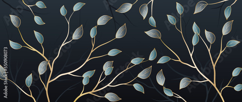 Luxurious wallpaper in art deco style with gilding. Vector art of nature and botany background. Foliage pattern with lines of plants on a dark background for printing, cards, decor, prints.