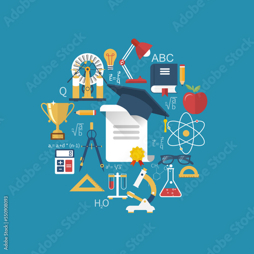 Education and learning concepts. Abstract circle with signs and elements of school subjects. Flat design, vector illustration. Education background.
