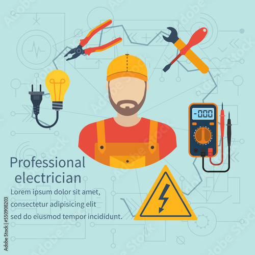 Professional electrician icon. Equipment and tools electrician. Banner concept profession electrician. Isolate icons electricity in flat style. Electrician on background of electrical circuit. Vector.