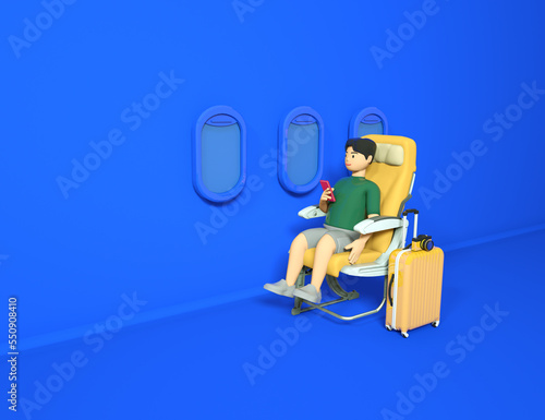 a man traveling by plane. 3d renders. Travel 3d
