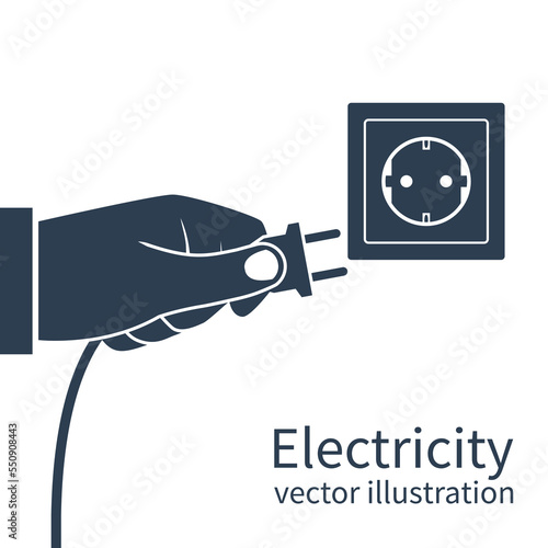 Electric power plug holding in hand, black icon isolated on white background. Unplug, plugged in wall socket. Vector illustration flat design. Connecting power plug.