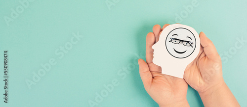 Fototapeta Naklejka Na Ścianę i Meble -  Happy smiling face, mental health concept, positive mindset, support and evaluation symbol
