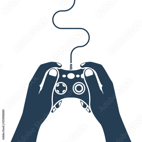 Gamer holding in hand gamepad, isolated black icon on white background. Vector illustration flat design. Man playing video games.