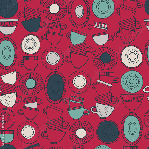 Seamless pattern. Hand drawn Fika koffe cups decorated with patterns in Scandinavian style in Color of The Year, Viva Magenta. For wrapping paper, other design projects