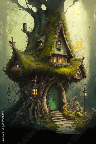 AI generated image of a fairy-tale cottage in the forest, straight out of a fairy-tale 