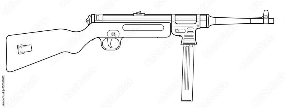 Vector illustration of the MP41 german machine gun with wooden stock on the white background. Right side. Vector illustration of the MP41 german machine gun with wooden stock on the white background. Right side.