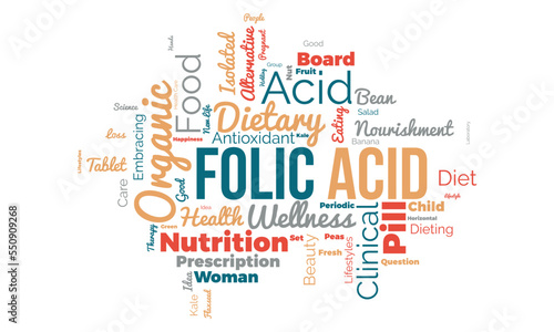 Folic Acid word cloud background. Healthy Food awareness Vector illustration design concept.