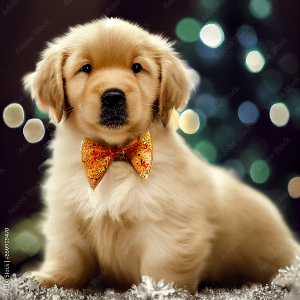 golden retriever puppy with christmas decorations