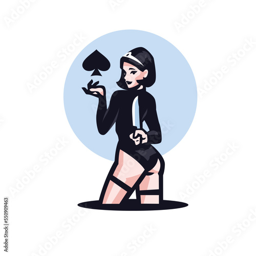 Queen Of Spades A woman with a diadem on her head holds the sign of Pike in one hand and a knife