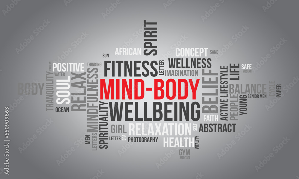 Obraz premium Mind-Body word cloud background. Mental Health awareness Vector illustration design concept.