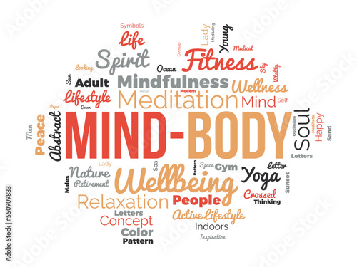 Mind-Body word cloud background. Mental Health awareness Vector illustration design concept.