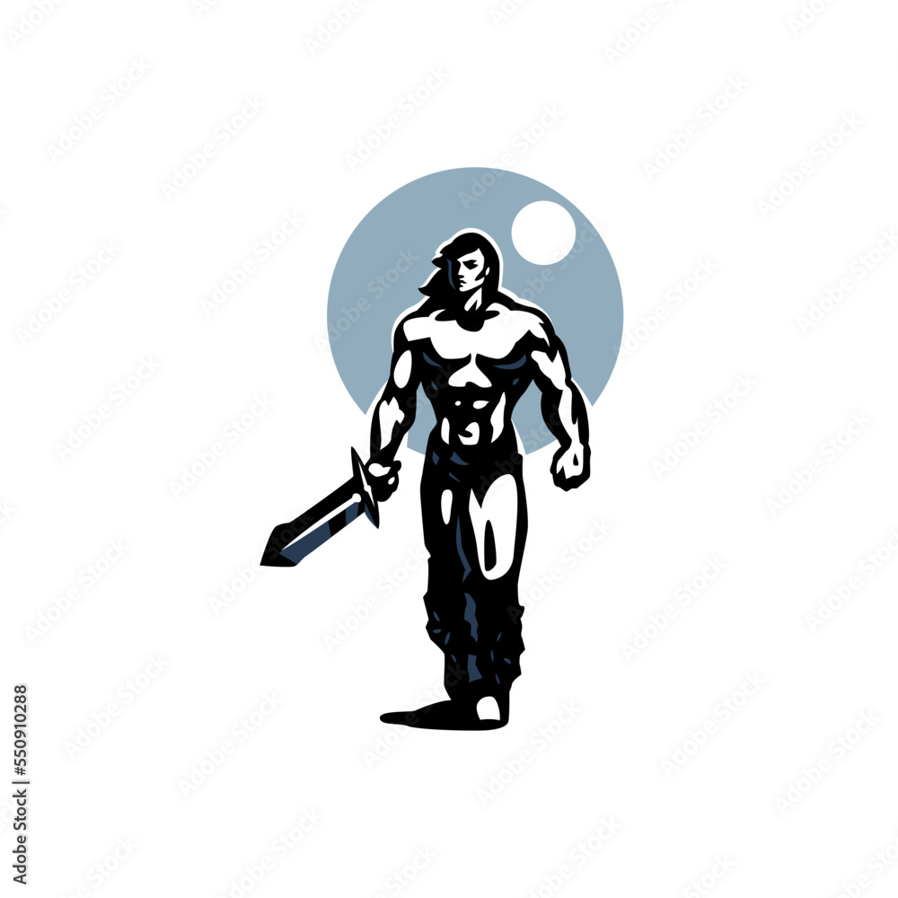 Barbarian. Muscular Warrior with long hair with a sword in his hand ...