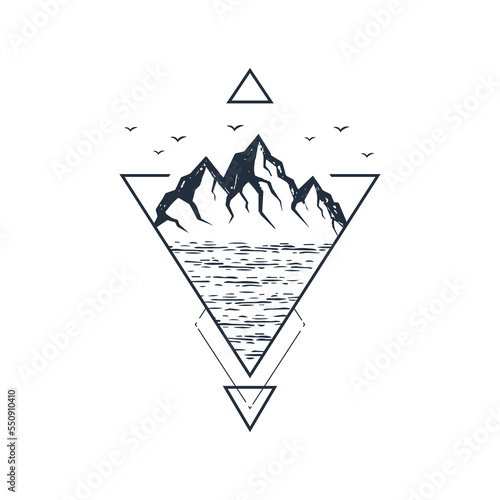 Hand drawn mountain range by the sea textured vector illustration. Double exposure with birds and triangles around. Geometric style.