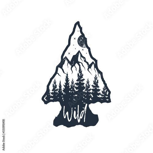 Hand drawn arrowhead textured vector illustration. Double exposure with pine forest, mountain range, night sky, and "Wild" lettering.