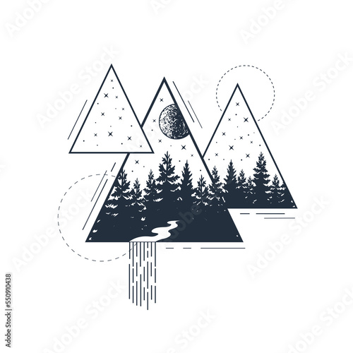 Hand drawn pine forest textured vector illustration. Double exposure with night sky, river, and triangles around. Geometric style.