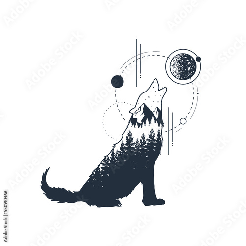 Hand drawn howling wolf textured vector illustration. Double exposure with pine forest, mountain range and moon with circles around. Geometric style.