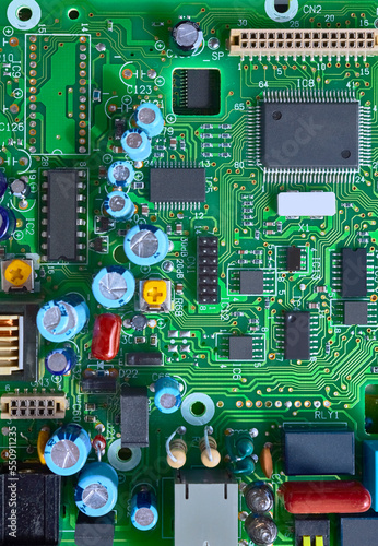 Close-up of a computer board, (manufacturer's names and logos have been and removed)