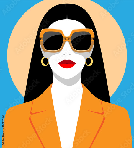 1340_Vector portrait of beautiful woman with long black hair wearing fashionable sunglasses and elegant jacket