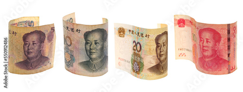 Yuan bills falling isolated on white background and texture, with clipping path photo
