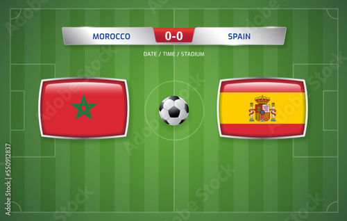 Morocco vs Spain scoreboard broadcast template for sport soccer tournament 2022 and football championship round of 16 vector illustration
