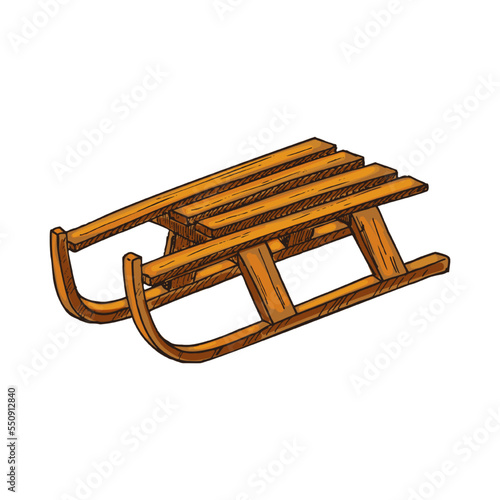 Sketch of wooden sledge or sleigh, vector icon.
