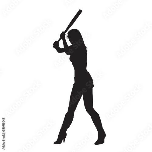 Silhouette of female softball player with batter in isolate on a white background. Vector illustration.