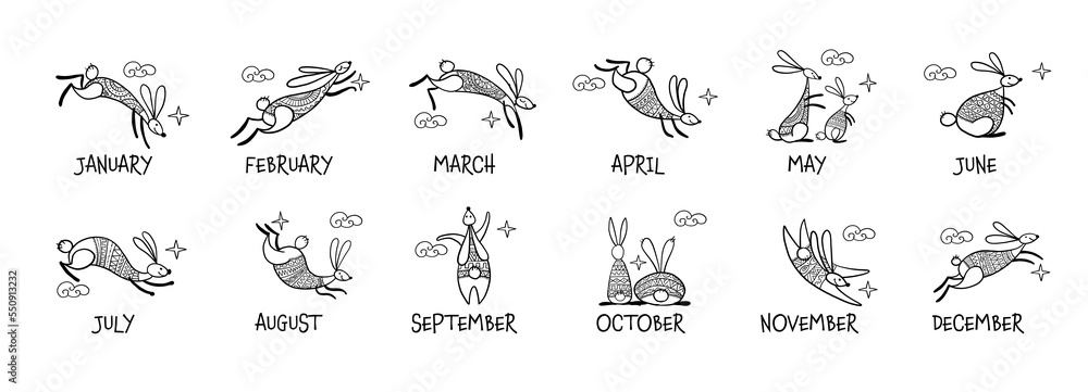 Calendar design. Happy chinese new year 2023 of the rabbit zodiac sign. Funny Bunnies concept art. Christamas background. Vector illustration