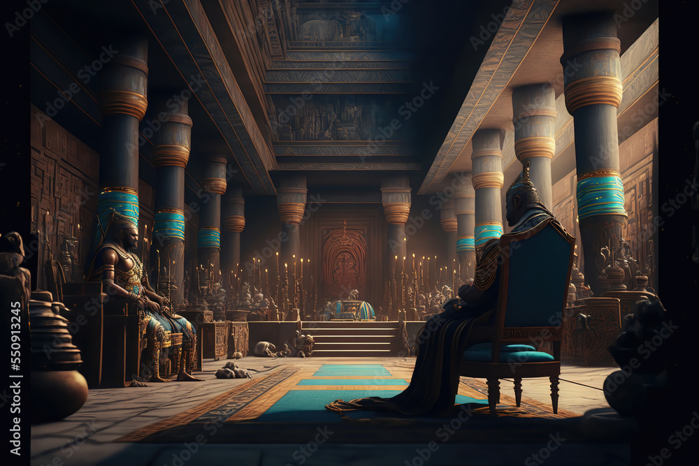 AI generated image of an ancient Egyptian Pharoah holding court in his