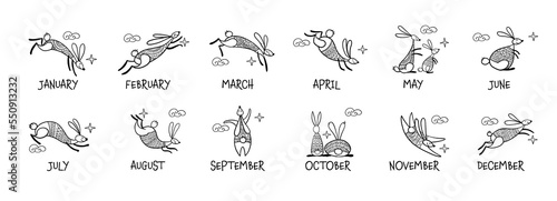 Calendar design. Happy chinese new year 2023 of the rabbit zodiac sign. Funny Bunnies concept art. Christamas background. Vector illustration