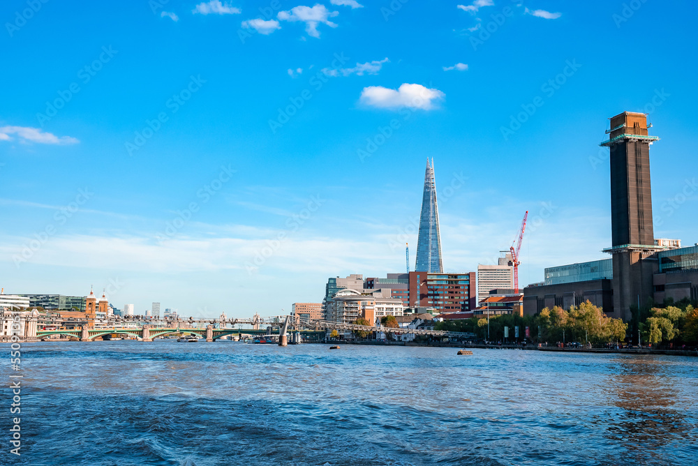 River Thames in London with beautiful scenery around on a warm summer day. Beautiful London view.