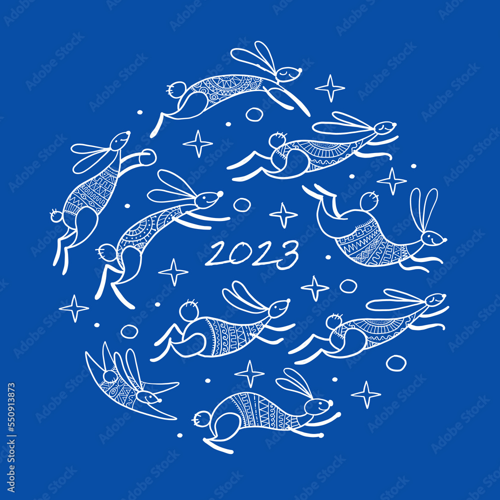 Happy chinese new year 2023 of the rabbit zodiac sign. Greeting card design. Funny Bunnies concept art. Christamas holiday background. Vector illustration Happy chinese new year 2023 of the rabbit zodiac sign. Greeting card design. Funny Bunnies concept art. Christamas holiday background. Vector illustration