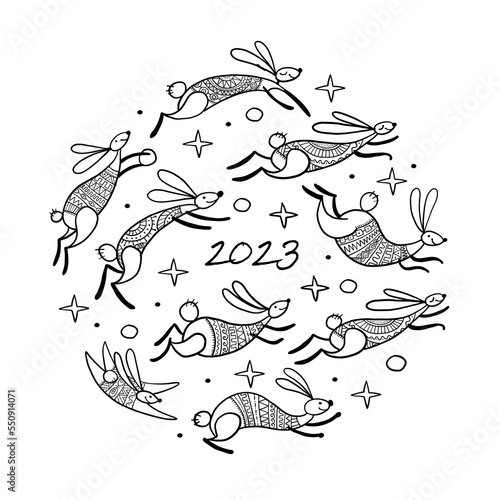 Happy chinese new year 2023 of the rabbit zodiac sign. Greeting card design. Funny Bunnies concept art. Christamas holiday background. Vector illustration