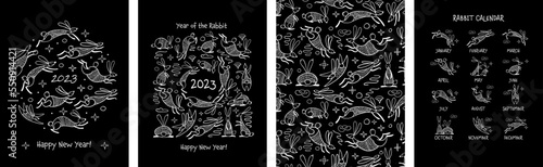 Happy chinese new year 2023 of the rabbit zodiac sign. Funny Bunnies concept art. Christamas background. Vector illustration