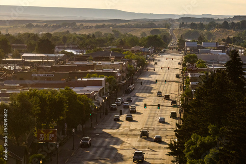 Summer Morning Drone View of Downtown Cody, Wyoming photo
