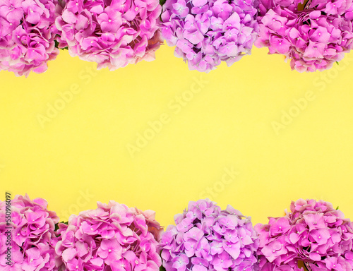 Flower card. Frame of Beautiful flowers of pink hydrangea on yellow background top view flat lay copy space. Holiday, congratulations, happy mothers day. International Women's day