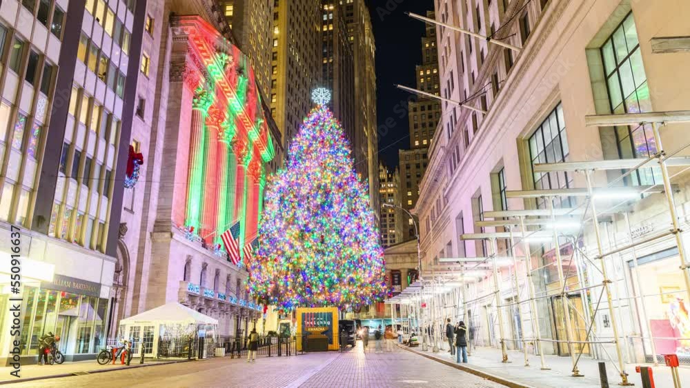 Wall Street Christmas Tree Holiday Lighting, Night Timelapse Video, New