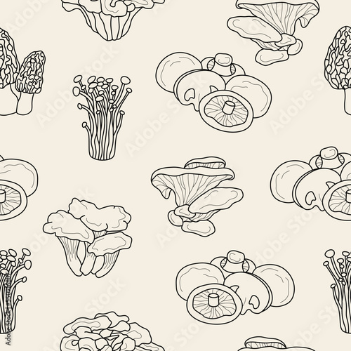Line art edible mushrooms seamless pattern