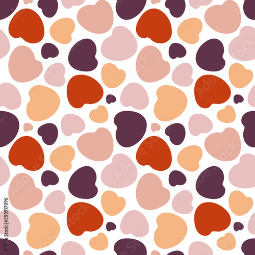 Vector seamless pattern of round hearts on a transparent background. Red, pink, purple shades, mosaic arrangement.