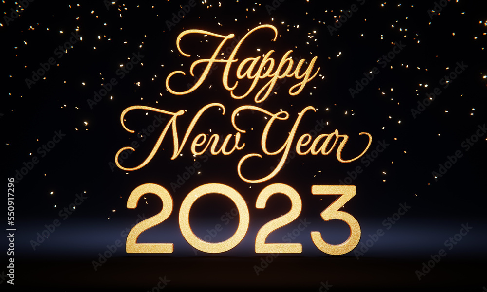Text ‘Happy New Year 2023’ in gold letters with falling confetti against dark background. 3D rendering