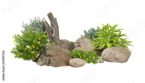 Cut out gardening plants and nature rock timber design layout 3d rendering png file