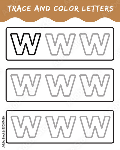 Trace letters for kindergarten and preschool kids. Write and color. Writing letters w. vector illustration.