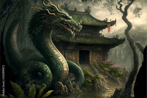 A fantastic illustration of ancient chinese style theme Dragon. Generative AI