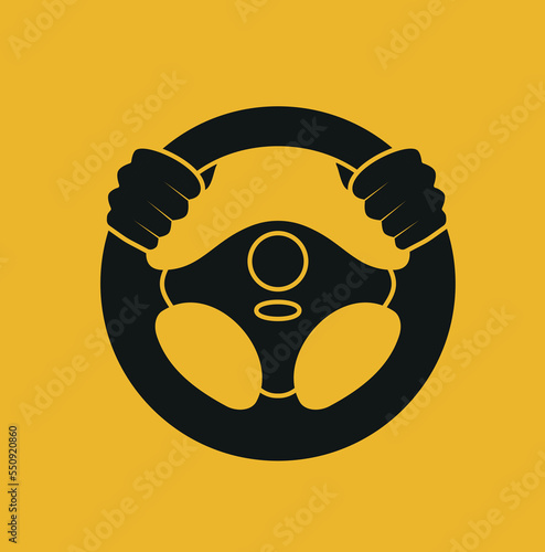 Steering wheel icon. Hands on steering wheel. Driver. Driving car. Test drive. Landing page driving lessons.Vector icon isolated on background.